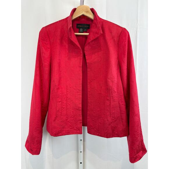 NINA MCLEMORE Open Front Textured Silk Cotton Jacket Collared Red Size 10 - Picture 7 of 7
